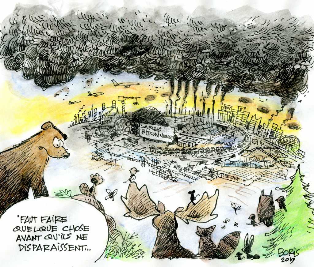 Les animaux de la forêt se disent qu'ils devraient faire quelque chose pour sauver les humains. Caricature de Boris.